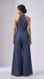 Blue Denim Mirror Work Halter Neck Jumpsuit