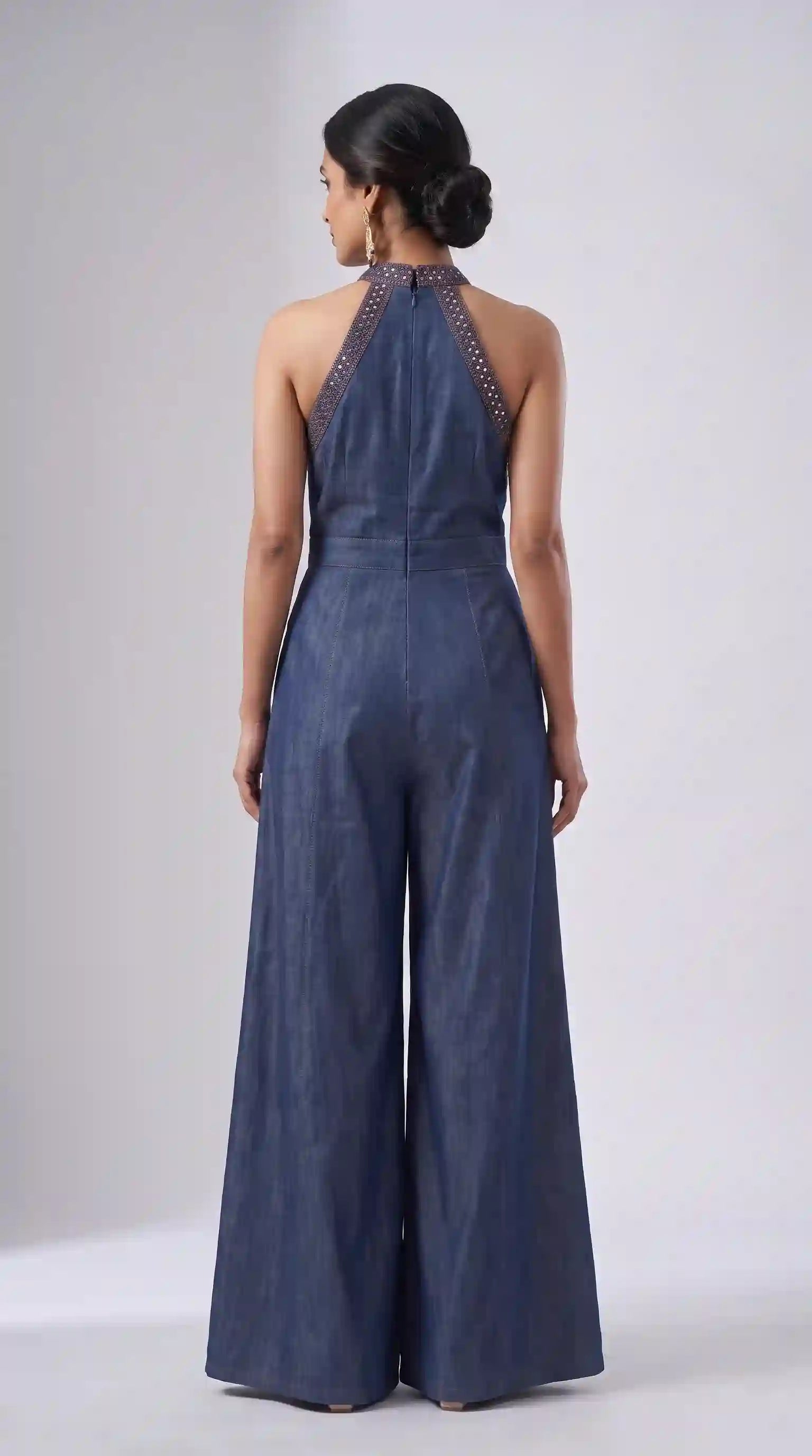 Blue Denim Mirror Work Halter Neck Jumpsuit