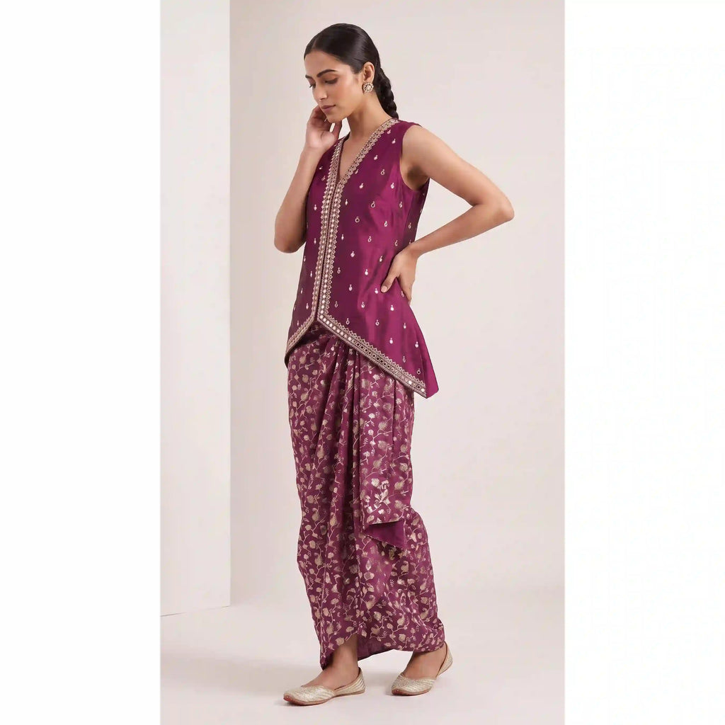 AVIRA — Plum Mirror Work Koti & Brocade Draped Skirt Set