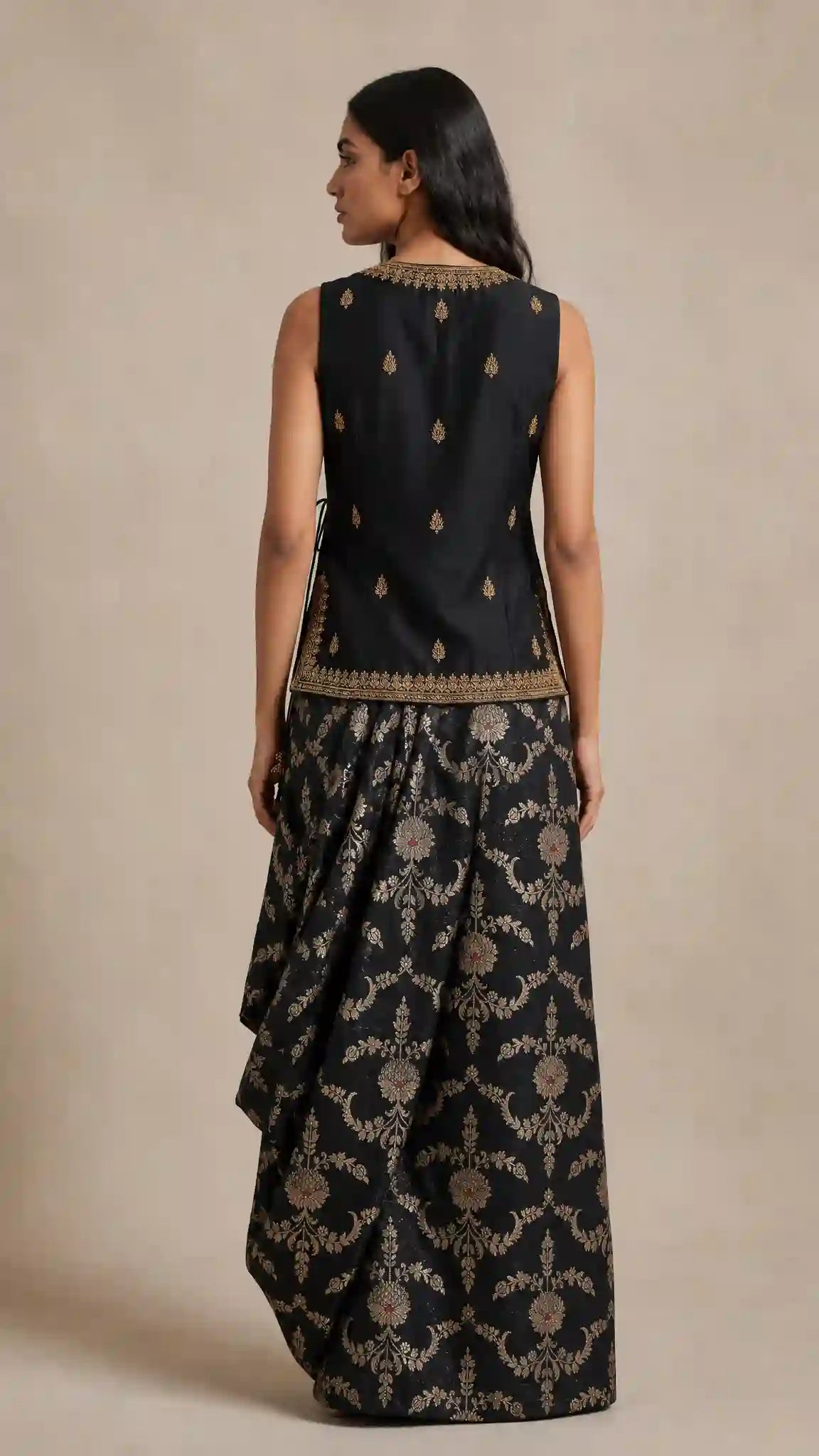 VRINDA — Black Zardosi Koti & Cowl-Draped Brocade Skirt Set