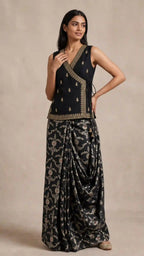 VRINDA — Black Zardosi Koti & Cowl-Draped Brocade Skirt Set — thumbnail 3