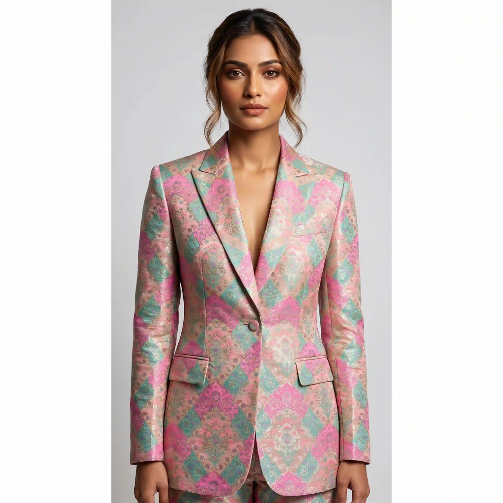 RANGKAT — Mint & Pink Banarasi Silk Brocade Blazer