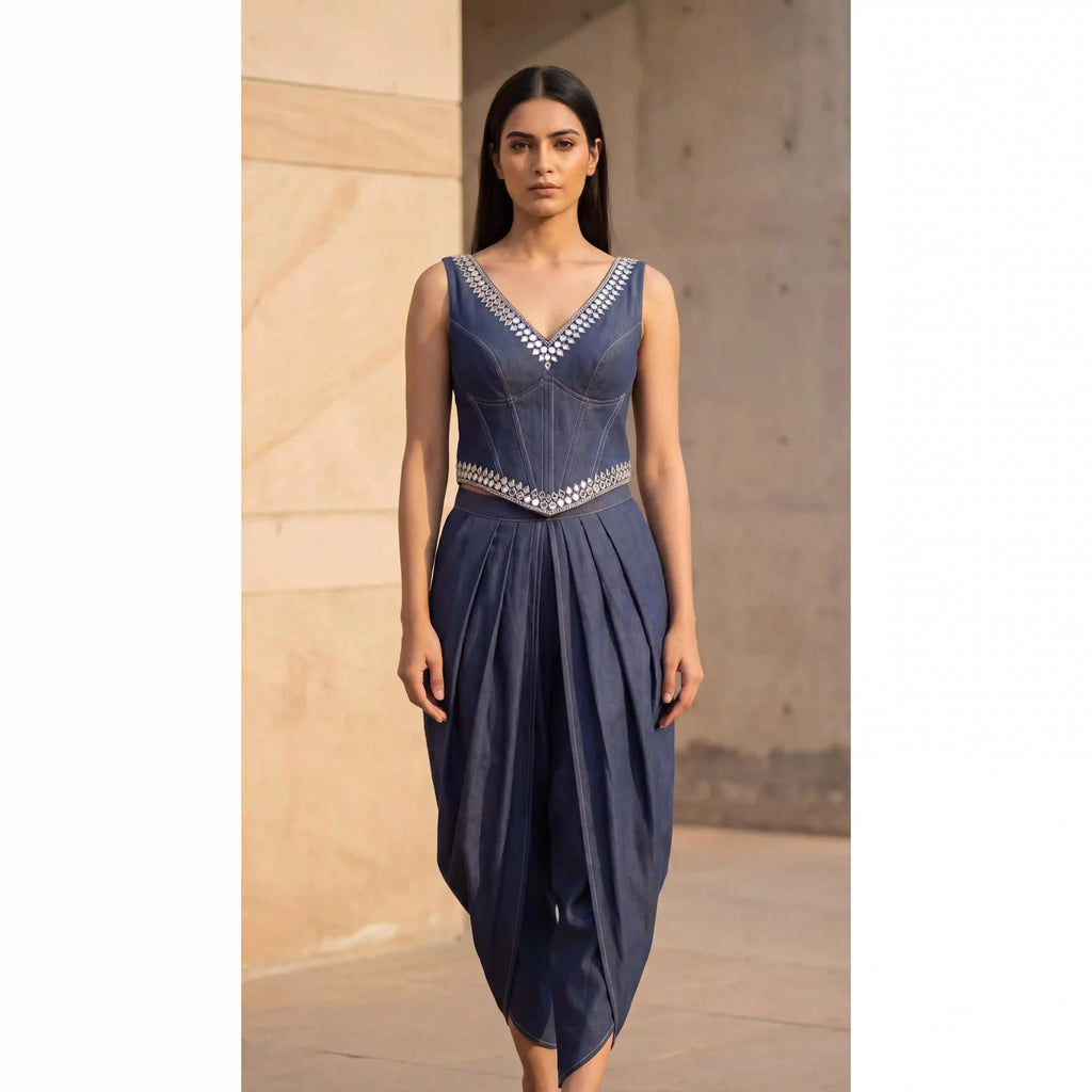 Blue Denim Corset-Dhoti Set