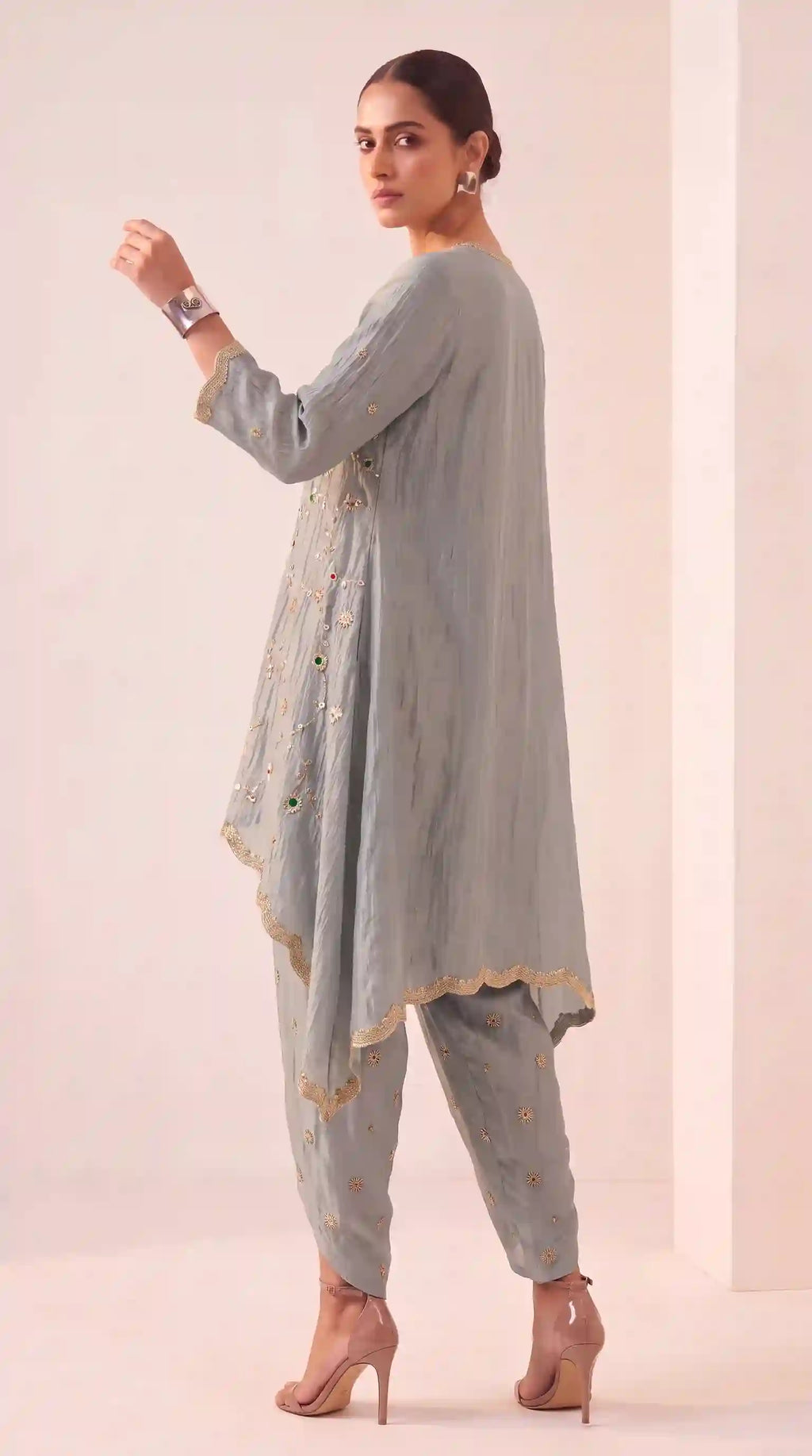 IRAAYA — Silver Grey Crushed Tissue Silk Kurta & Tulip Dhoti Set