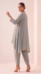 IRAAYA — Silver Grey Crushed Tissue Silk Kurta & Tulip Dhoti Set — thumbnail 2
