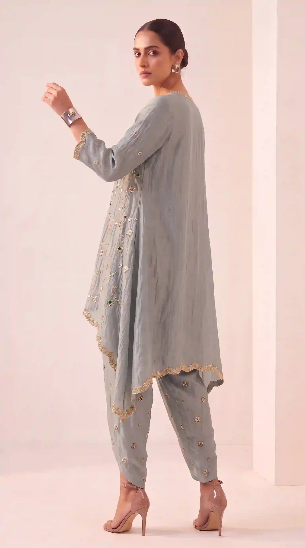 IRAAYA — Silver Grey Crushed Tissue Silk Kurta & Tulip Dhoti Set