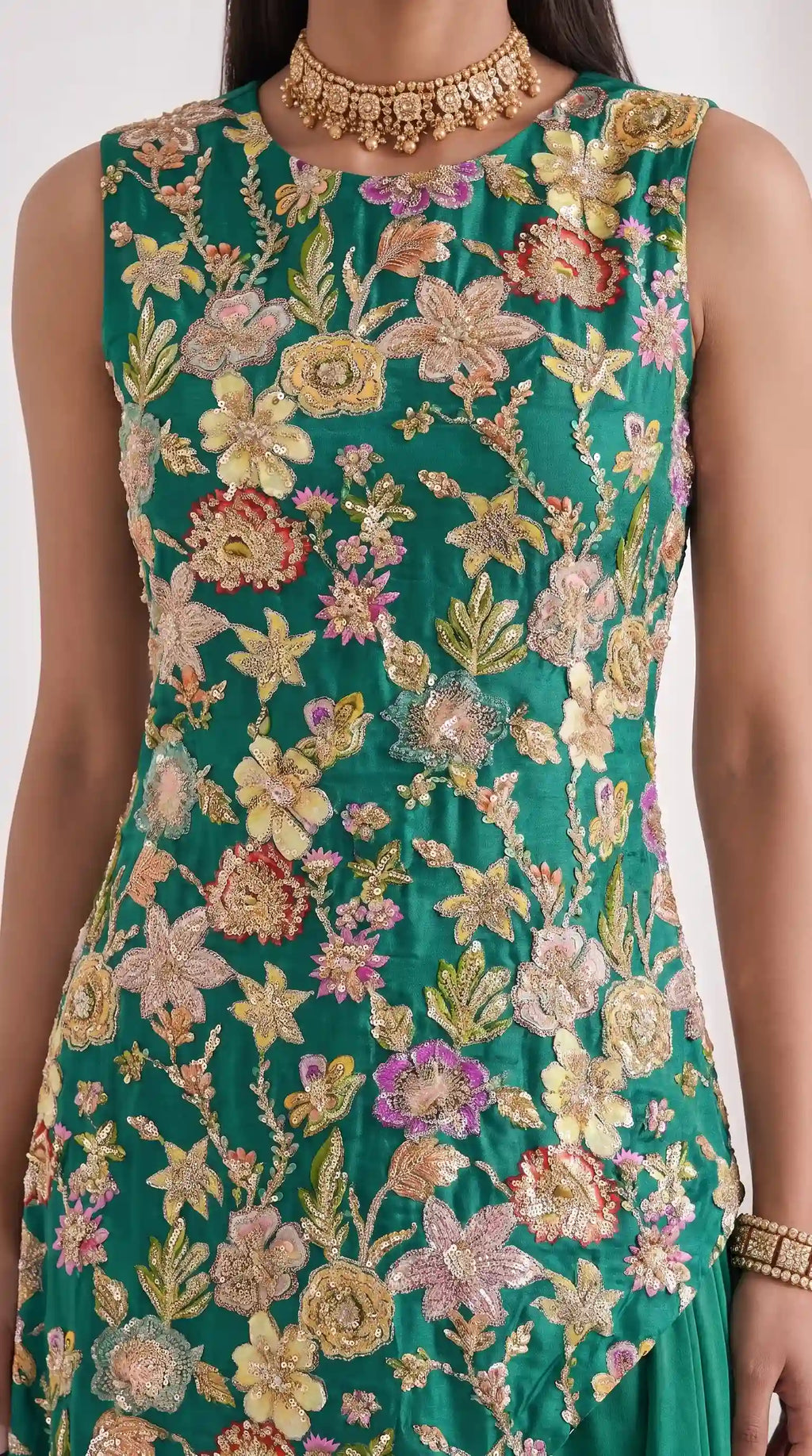 VEERA - Crepe Embroidered Asymmetrical Top & Draped Skirt Set (Green)