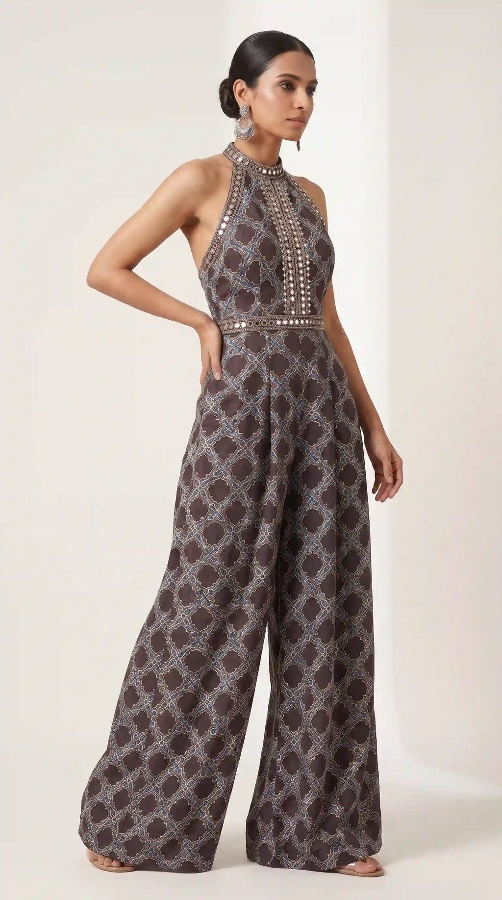 Black Ajrakh Modal Silk Jumpsuit with Mirror Work