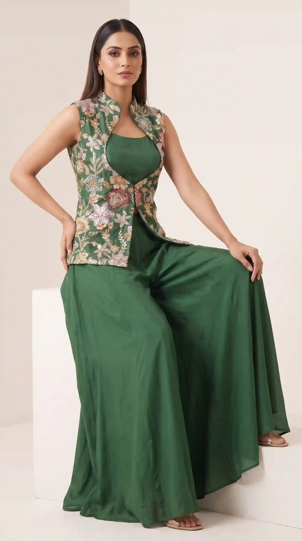 HARIT - Crepe Embroidered Jacket & Modal Silk Blouse-Palazzo Set