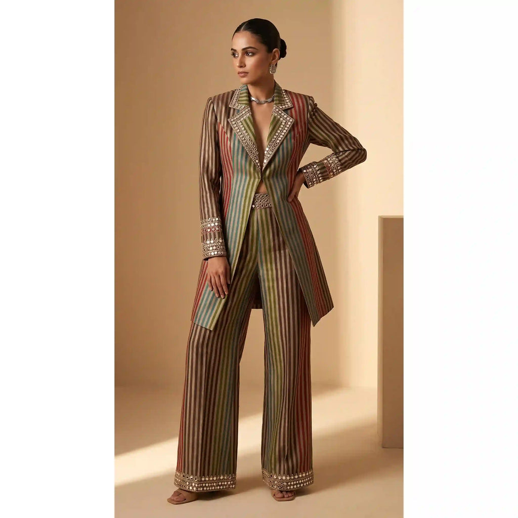 PACHRANG — Handloom Tissue Silk Mirror Work Jacket & Pant Set featuring mirror work