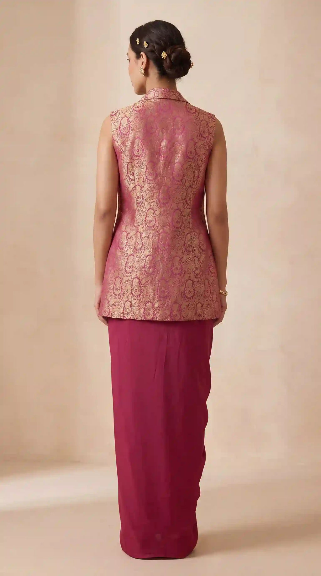 PANNA — Banarasi Satin Kimkhab Zardosi Blouse & Draped Skirt and Jacket Set (Pink) featuring zardosi hand embroidery with ban