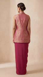 PANNA — Banarasi Satin Kimkhab Zardosi Blouse & Draped Skirt and Jacket Set (Pink) featuring zardosi hand embroidery with ban