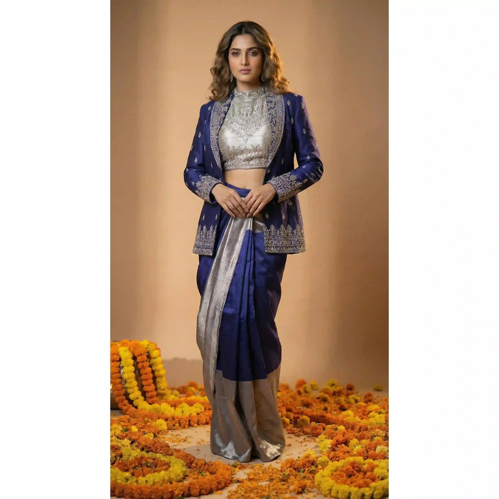 NEELA - Blouse Draped Skirt and Blazer Set