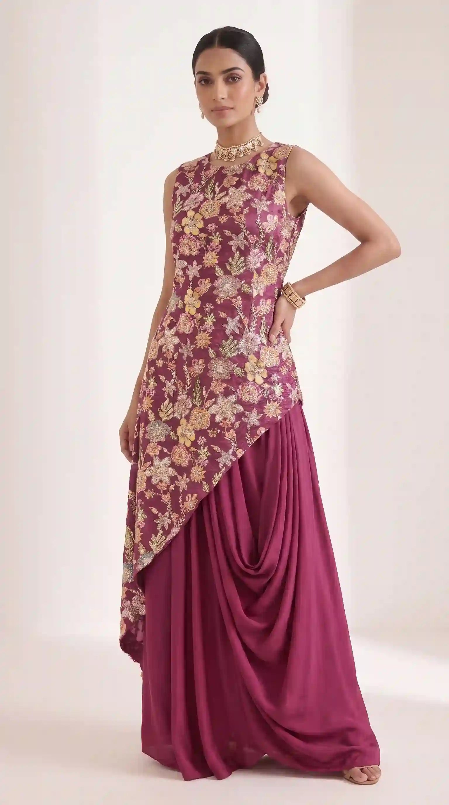 VEERA - Crepe Embroidered Asymmetrical Top & Draped Skirt Set (Wine)