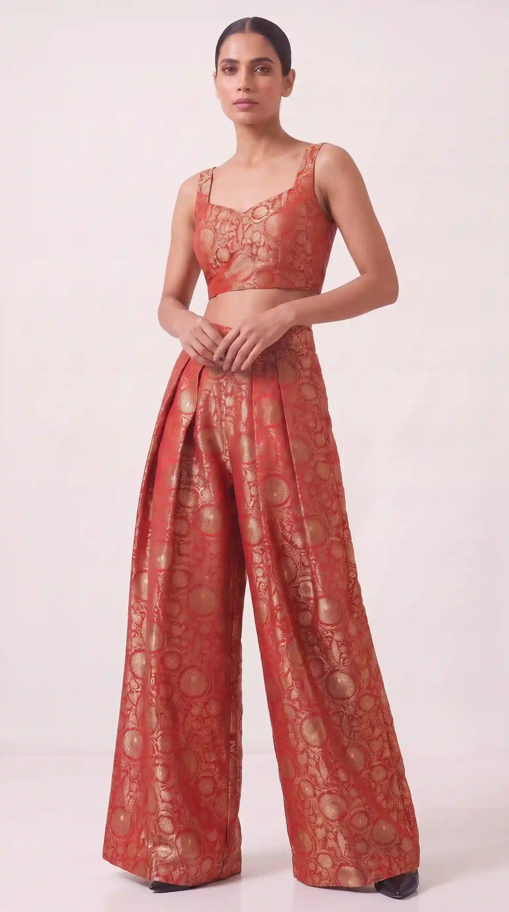 KANIRA — Red Katan Silk Brocade Jacket, Crop Top & Pant Set