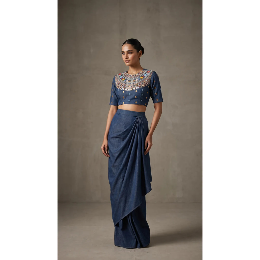 Blue denim draped skirt set with heavily hand-embroidered mirror work blouse, full front view