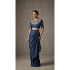 Blue denim draped skirt set with heavily hand-embroidered mirror work blouse, full front view — thumbnail 1