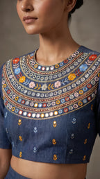 Close-up of multicoloured floral hand embroidery and mirror work on blue denim blouse — thumbnail 2