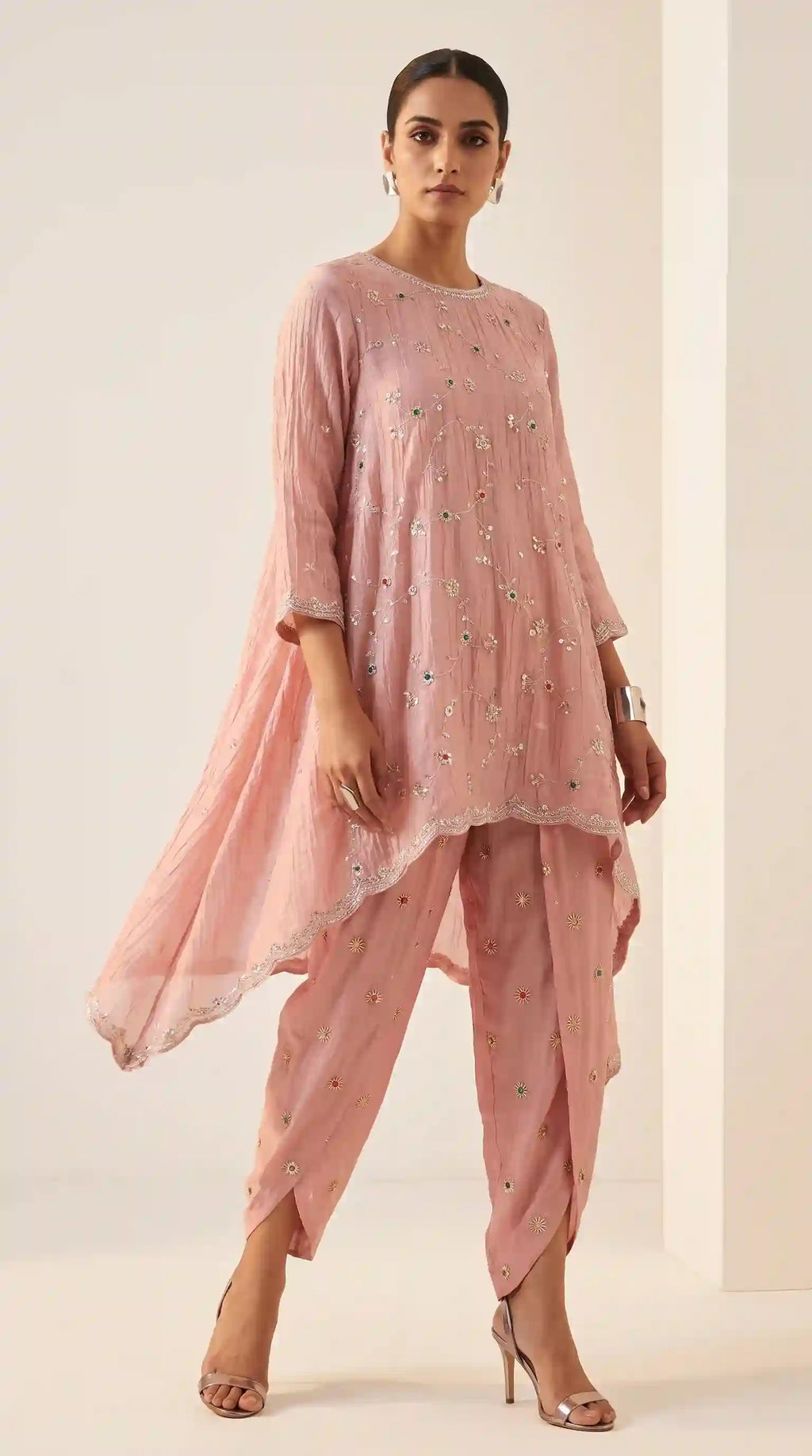 IRAAYA — Blush Pink Crushed Tissue Silk Kurta & Tulip Dhoti Set