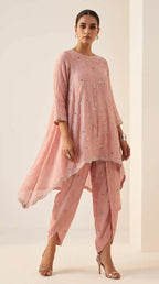 IRAAYA — Blush Pink Crushed Tissue Silk Kurta & Tulip Dhoti Set — thumbnail 3