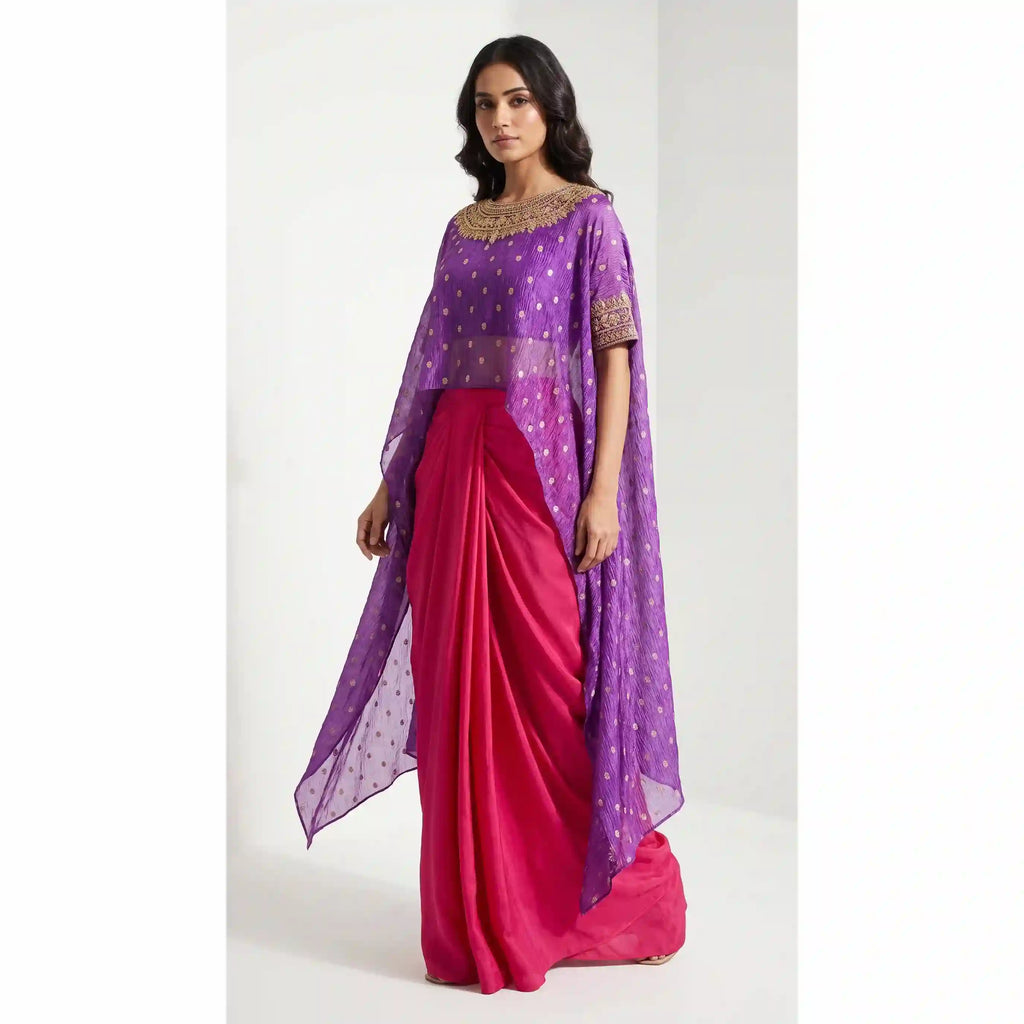 RUHANI — Purple Tissue Silk Zardosi Overlay & Draped Skirt Set