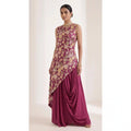 VEERA - Crepe Embroidered Asymmetrical Top & Draped Skirt Set (Wine)