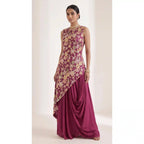 VEERA - Crepe Embroidered Asymmetrical Top & Draped Skirt Set (Wine) — thumbnail 1