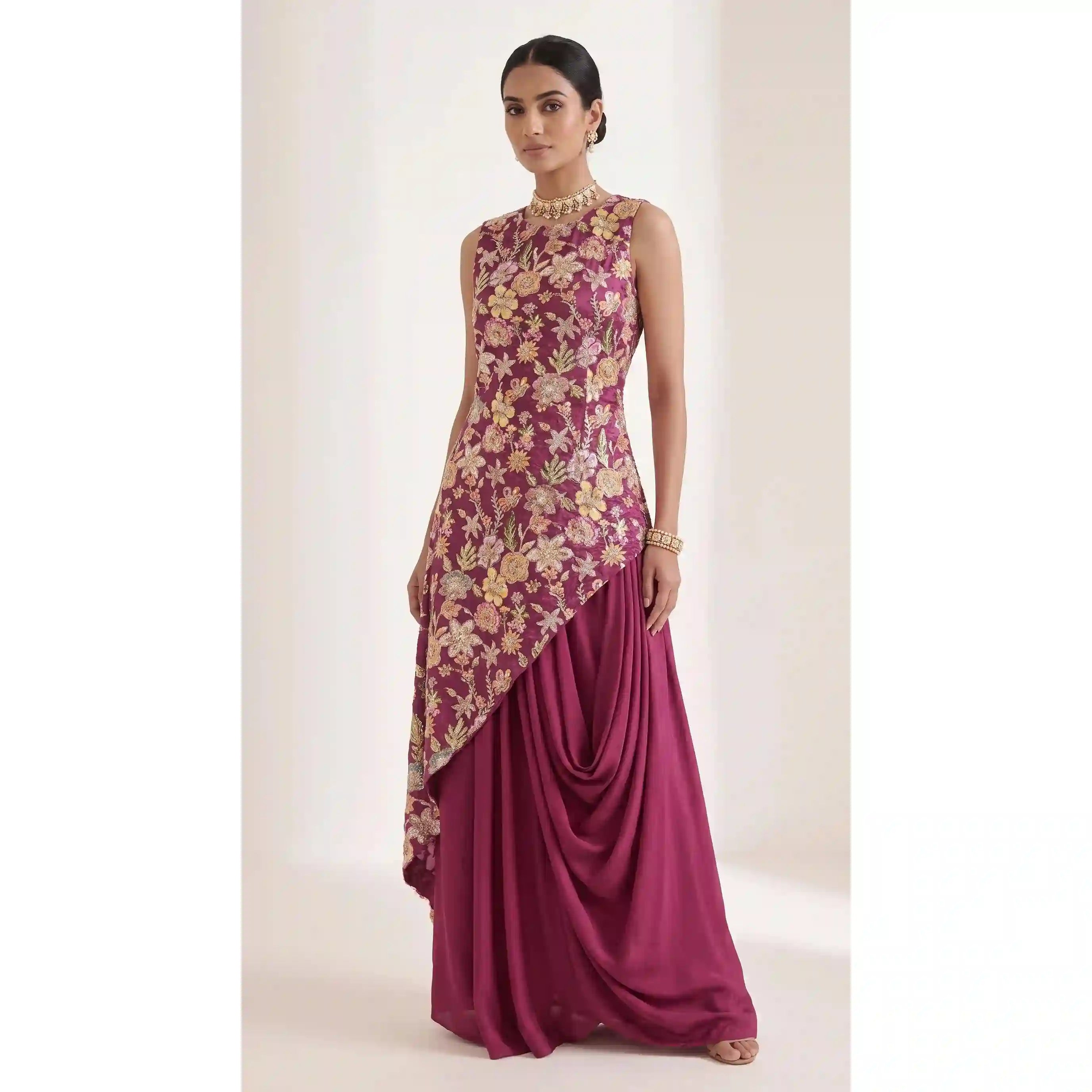 VEERA - Crepe Embroidered Asymmetrical Top & Draped Skirt Set (Wine)