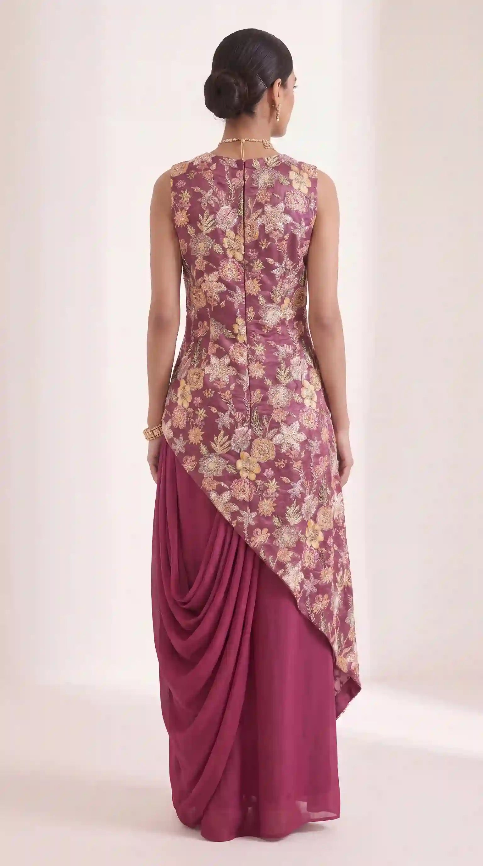 VEERA - Crepe Embroidered Asymmetrical Top & Draped Skirt Set (Wine)