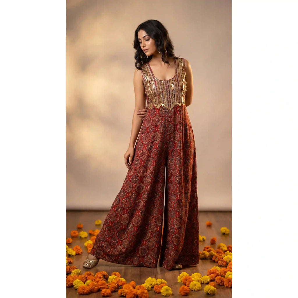 Rust Red Ajrakh Modal Silk Jumpsuit with Embroidery