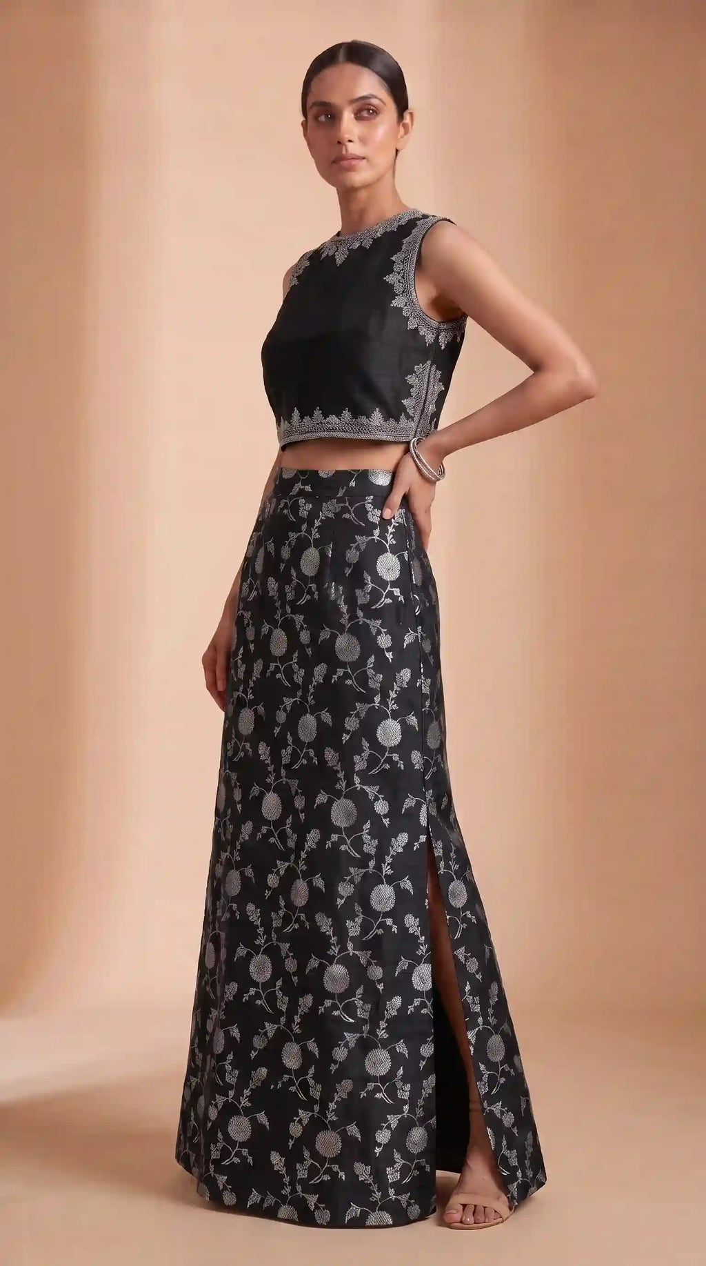 ISHIRA — Black Raw Silk Brocade Column Skirt Set