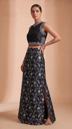 ISHIRA — Black Raw Silk Brocade Column Skirt Set — thumbnail 3