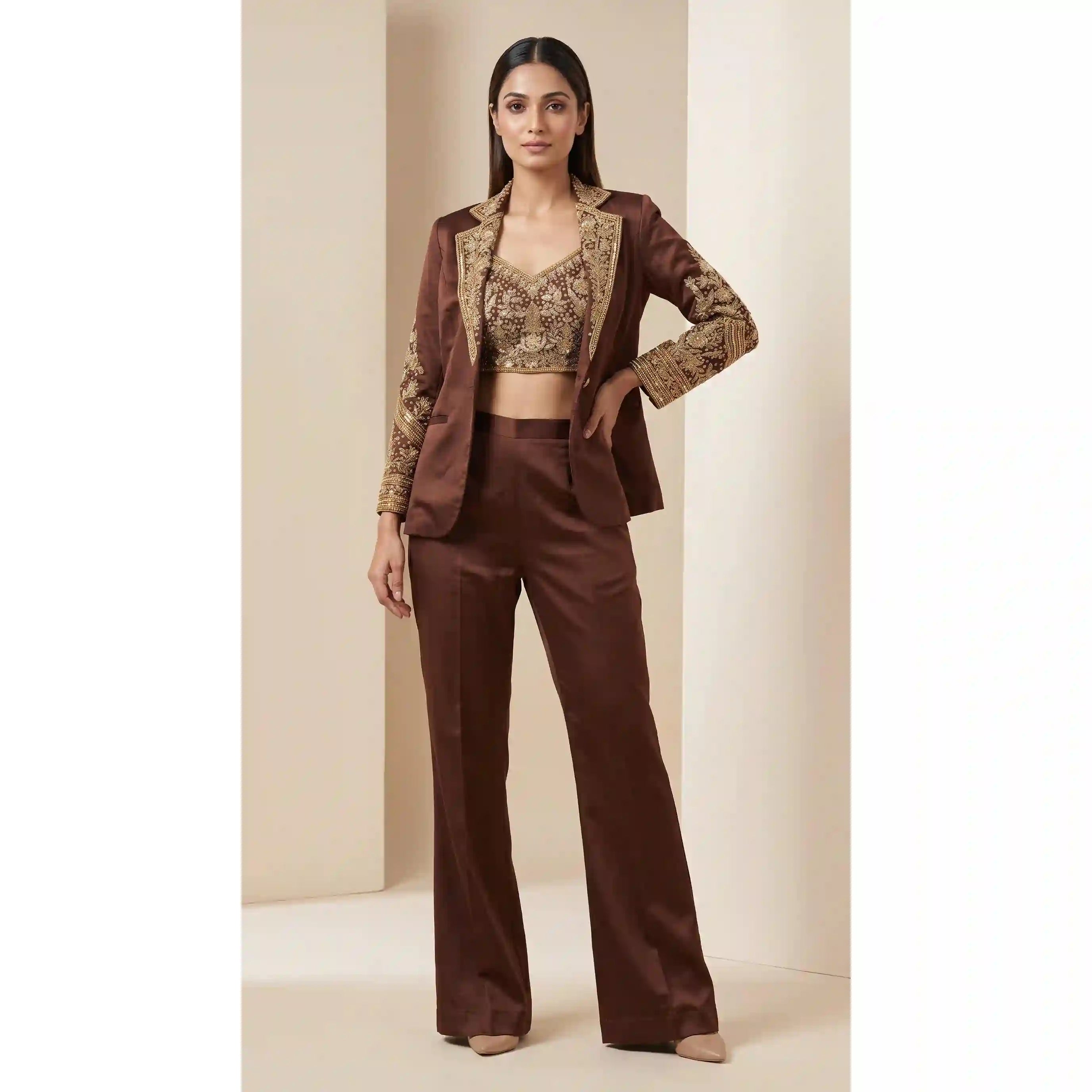 SITARA — Modal Silk Zardosi Brown Crop Top & Palazzo Pant and Blazer Set featuring zardosi hand embroidery