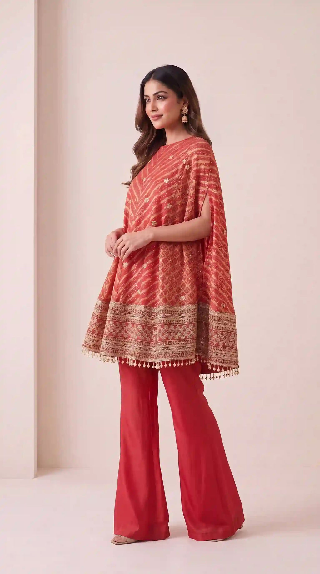 RANGIRA — Red Bandhani Print Cape Top & Modal Silk Pant Set