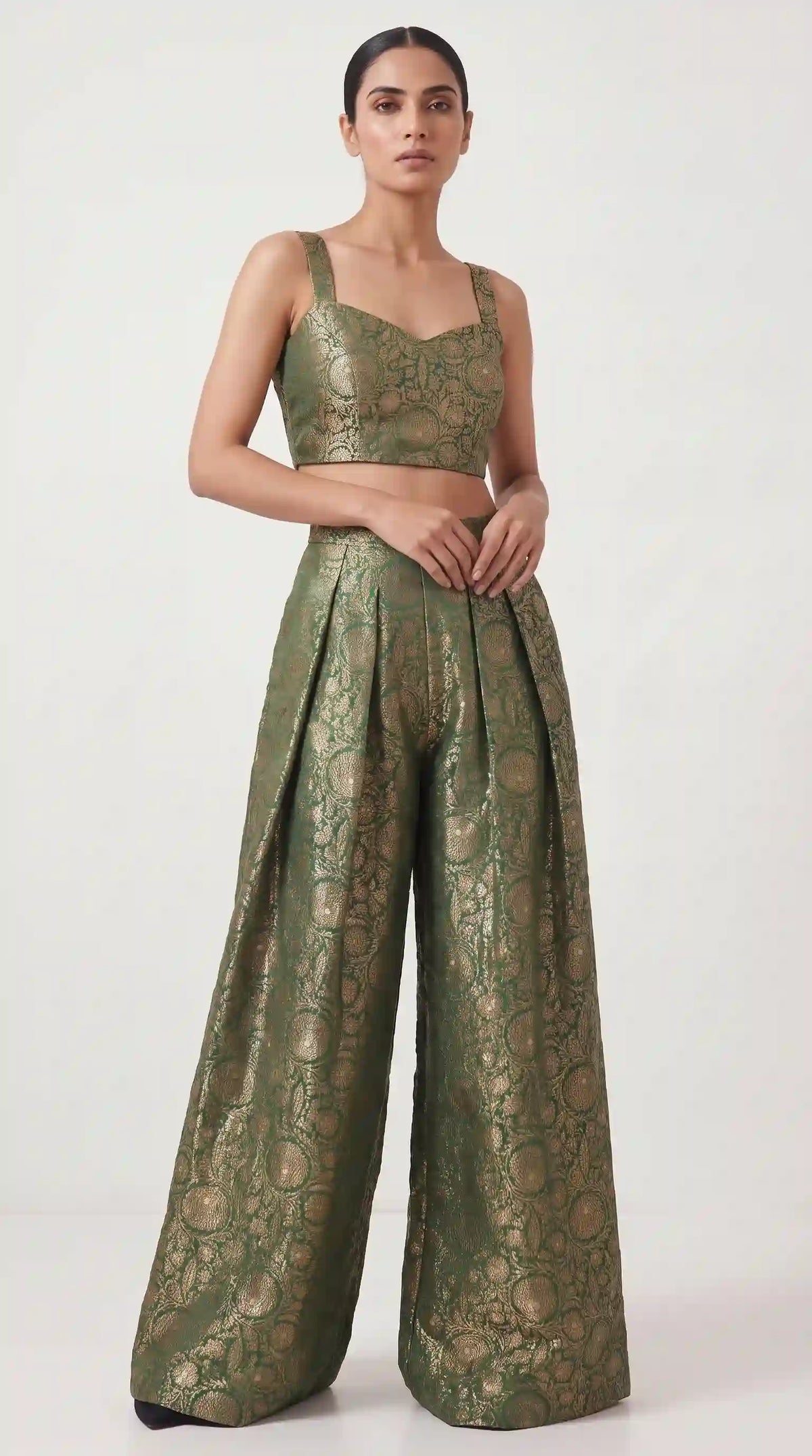 KANIRA — Green Katan Silk Brocade Jacket, Crop Top & Pant Set