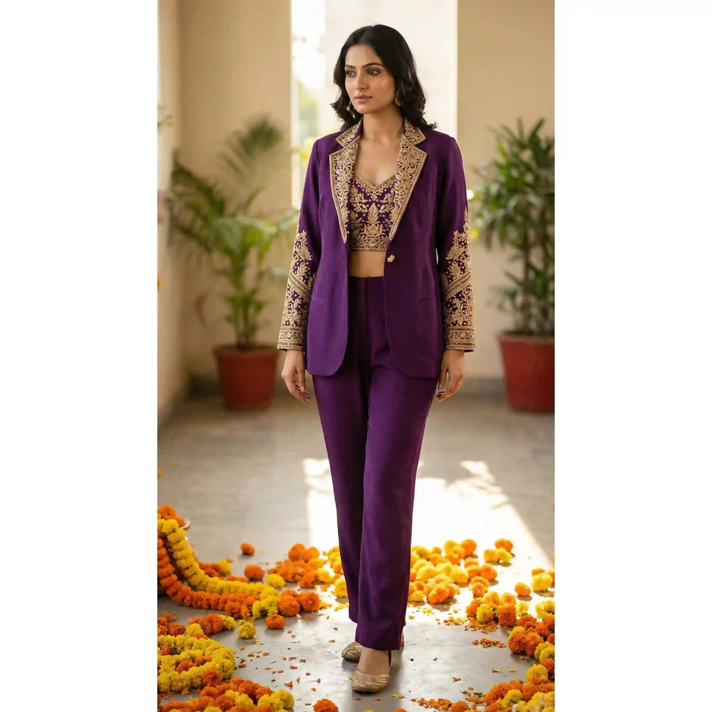 SITARA - Purple Crop Top-Palazzo Pant and Blazer Set