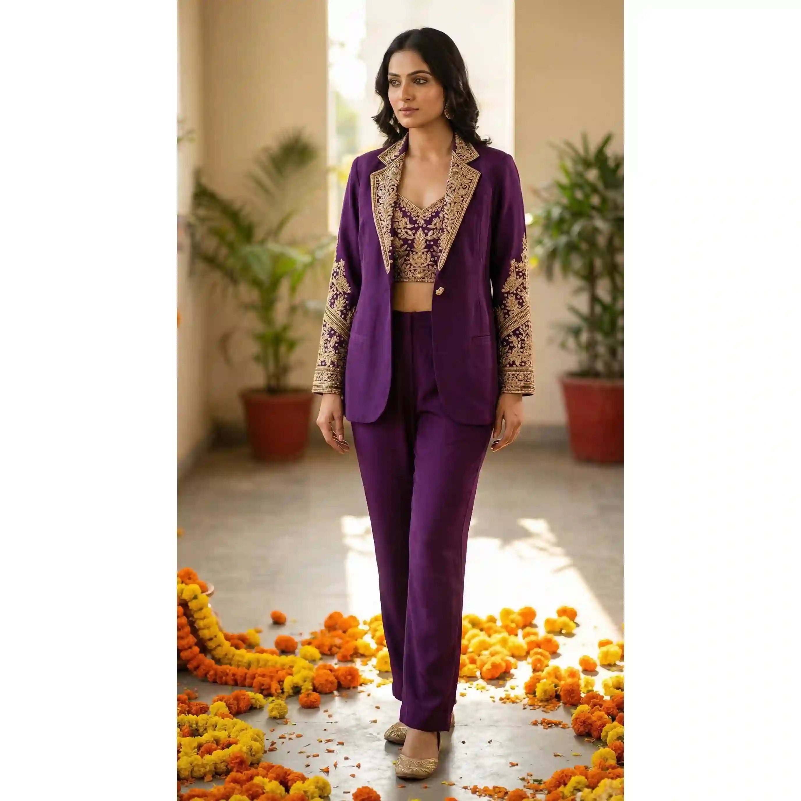 SITARA - Purple Crop Top-Palazzo Pant and Blazer Set