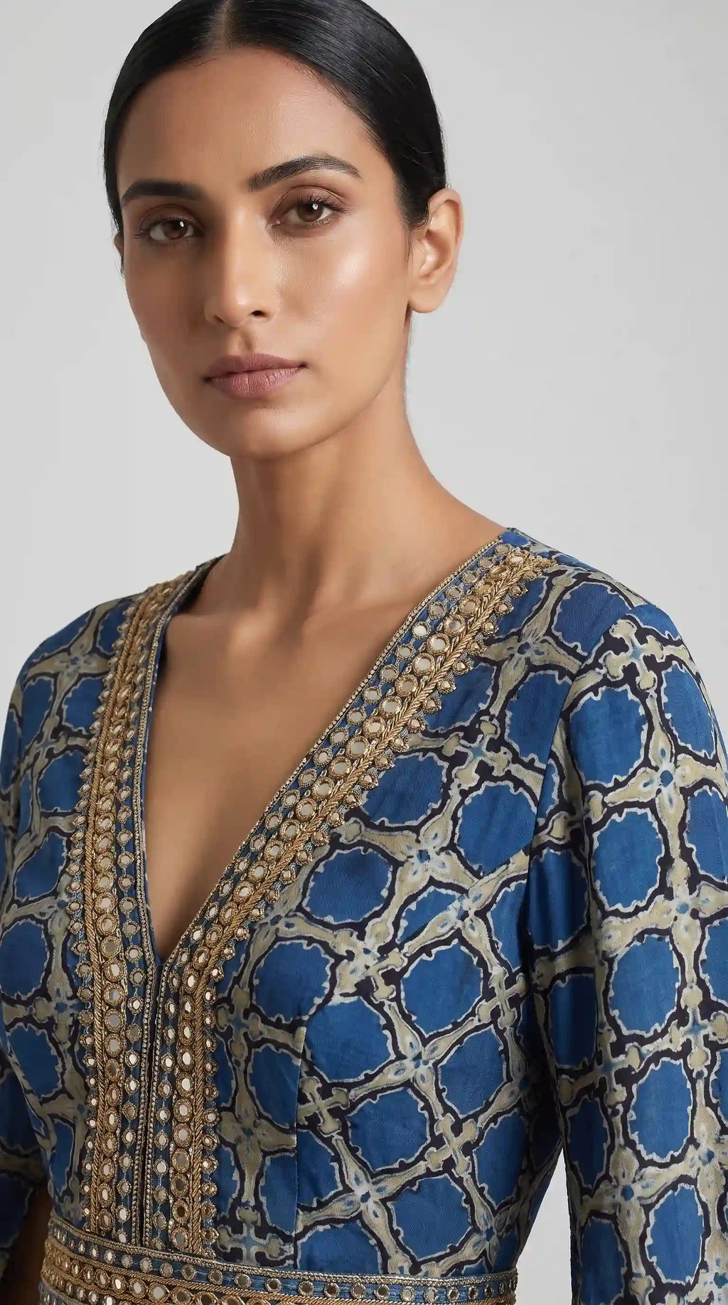 Blue Ajrakh Modal Silk Bell-Sleeve Jumpsuit