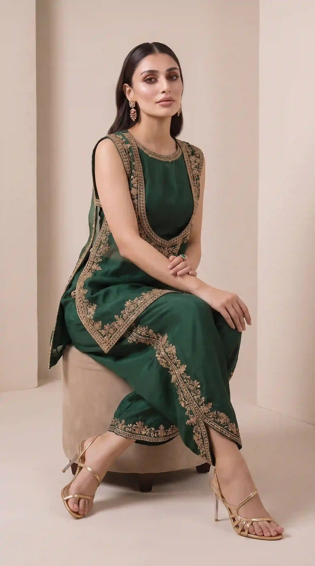 VANYA — Emerald Green Organza Silk Zardosi Tulip Pant Set