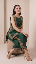 VANYA — Emerald Green Organza Silk Zardosi Tulip Pant Set — thumbnail 4