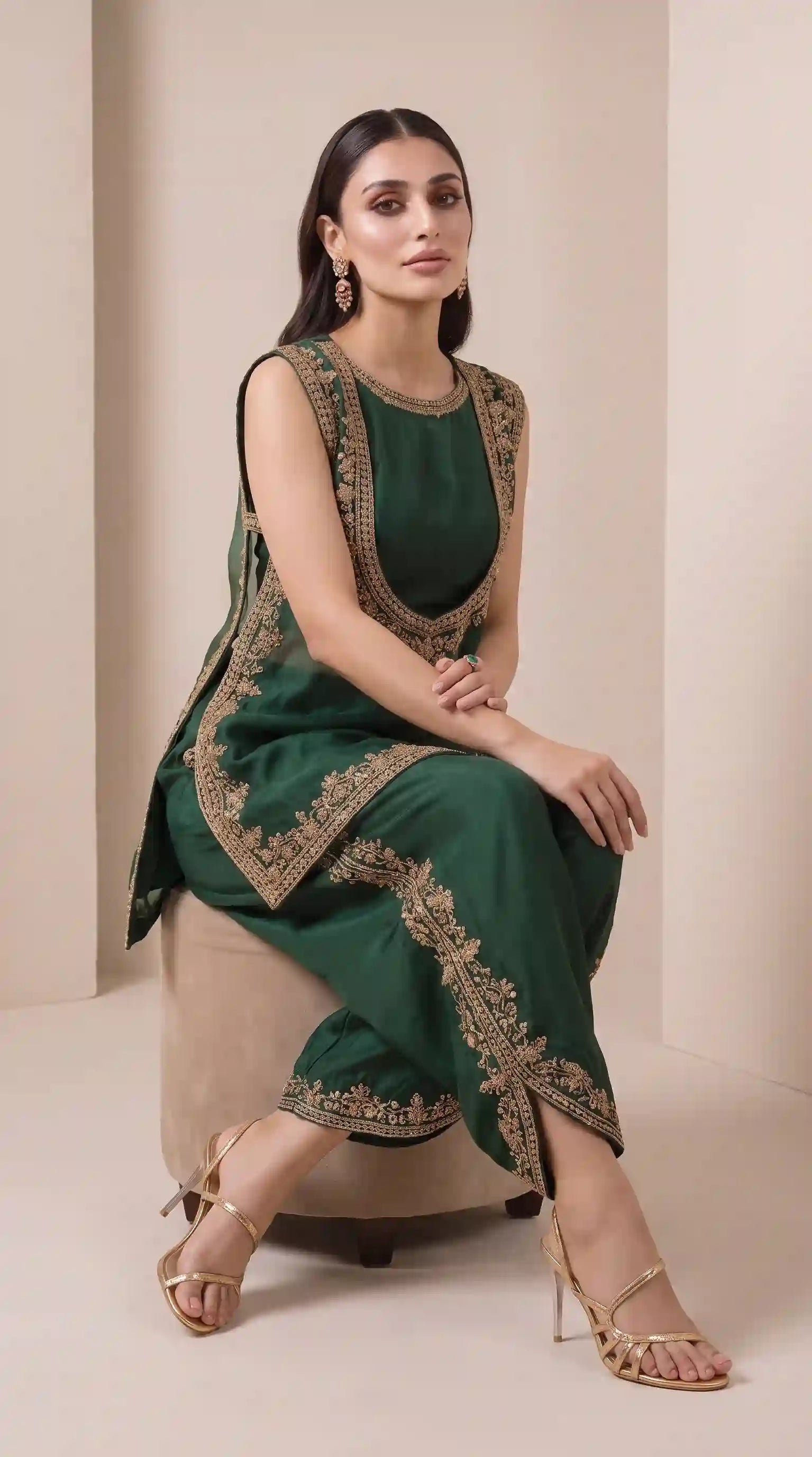 VANYA — Emerald Green Organza Silk Zardosi Tulip Pant Set