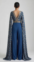 Blue Ajrakh Modal Silk Bell-Sleeve Jumpsuit — thumbnail 3