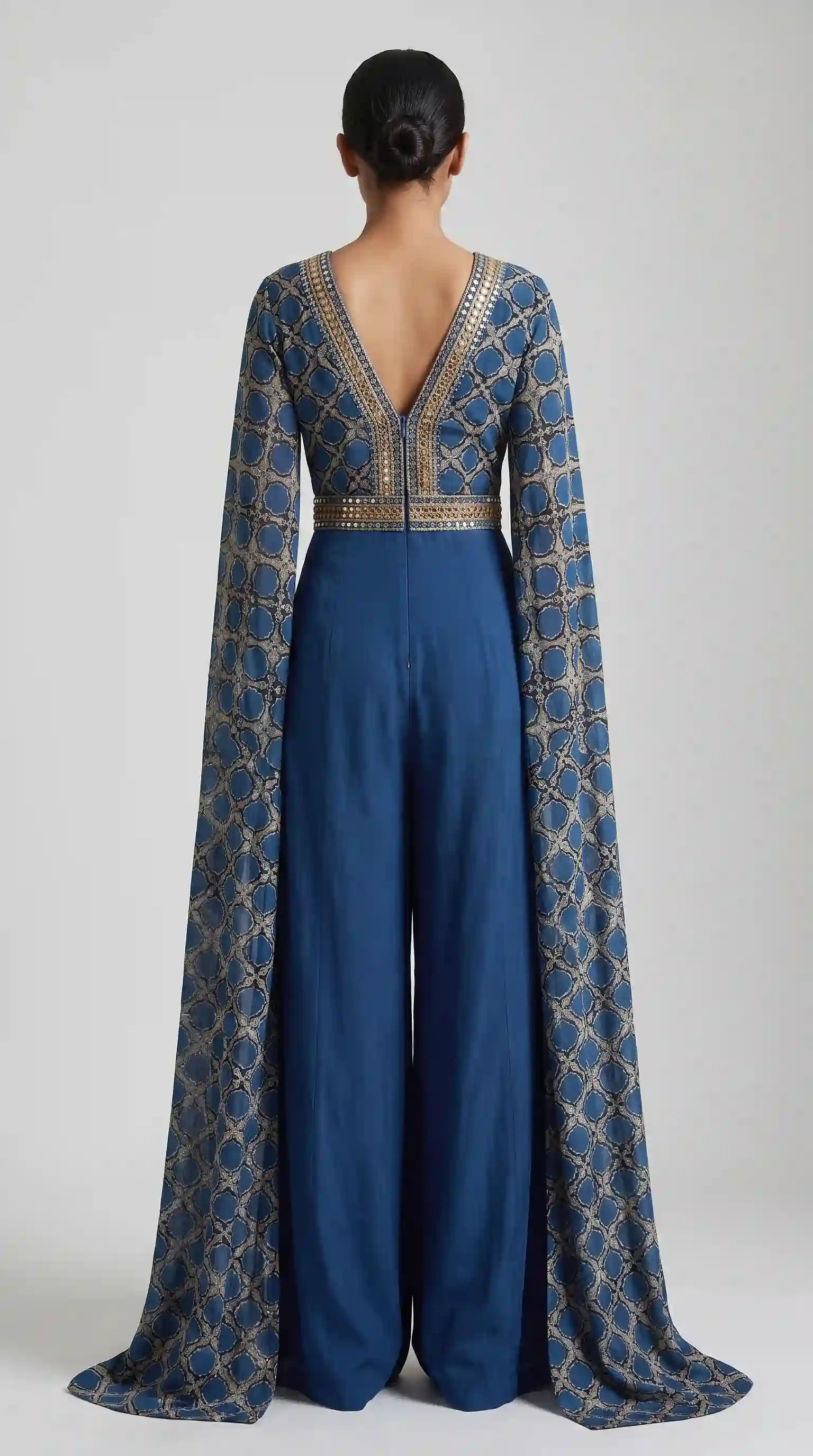 Blue Ajrakh Modal Silk Bell-Sleeve Jumpsuit