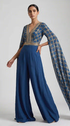 Blue Ajrakh Modal Silk Bell-Sleeve Jumpsuit — thumbnail 4