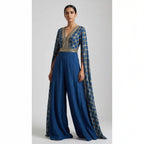 Blue Ajrakh Modal Silk Bell-Sleeve Jumpsuit — thumbnail 1