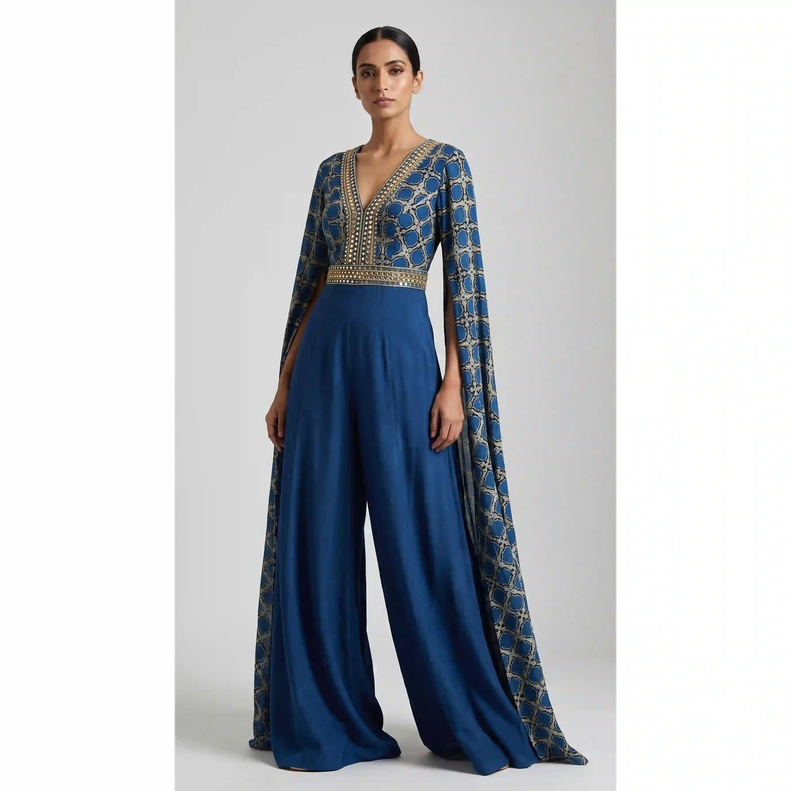 Blue Ajrakh Modal Silk Bell-Sleeve Jumpsuit