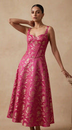 Rani Pink Chanderi Brocade Corset Midi Dress — thumbnail 4