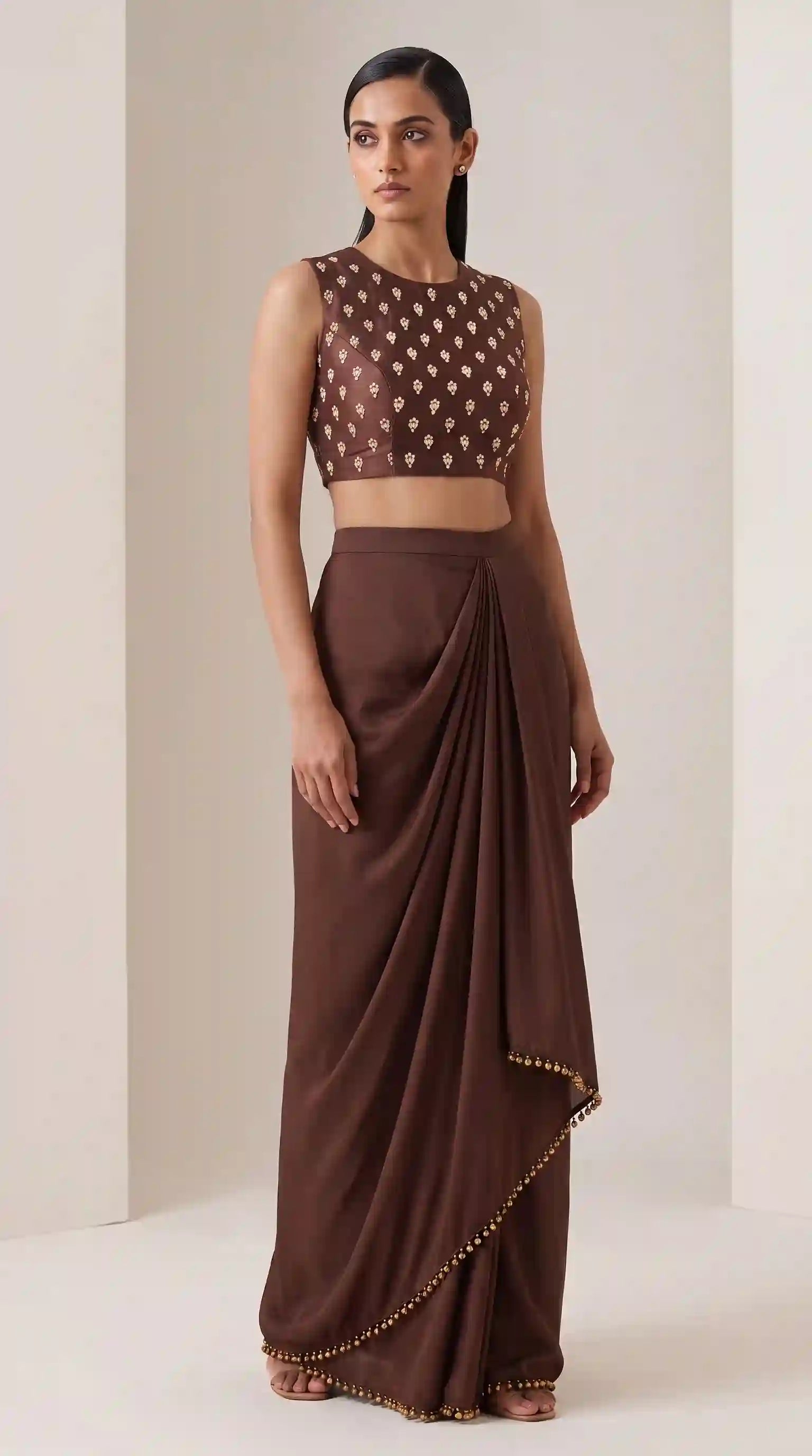 Mukta brown pearl work blouse and draped skirt set without jacket — front view