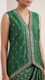 AVIRA — Emerald Green Mirror Work Koti & Brocade Draped Skirt Set — thumbnail 2