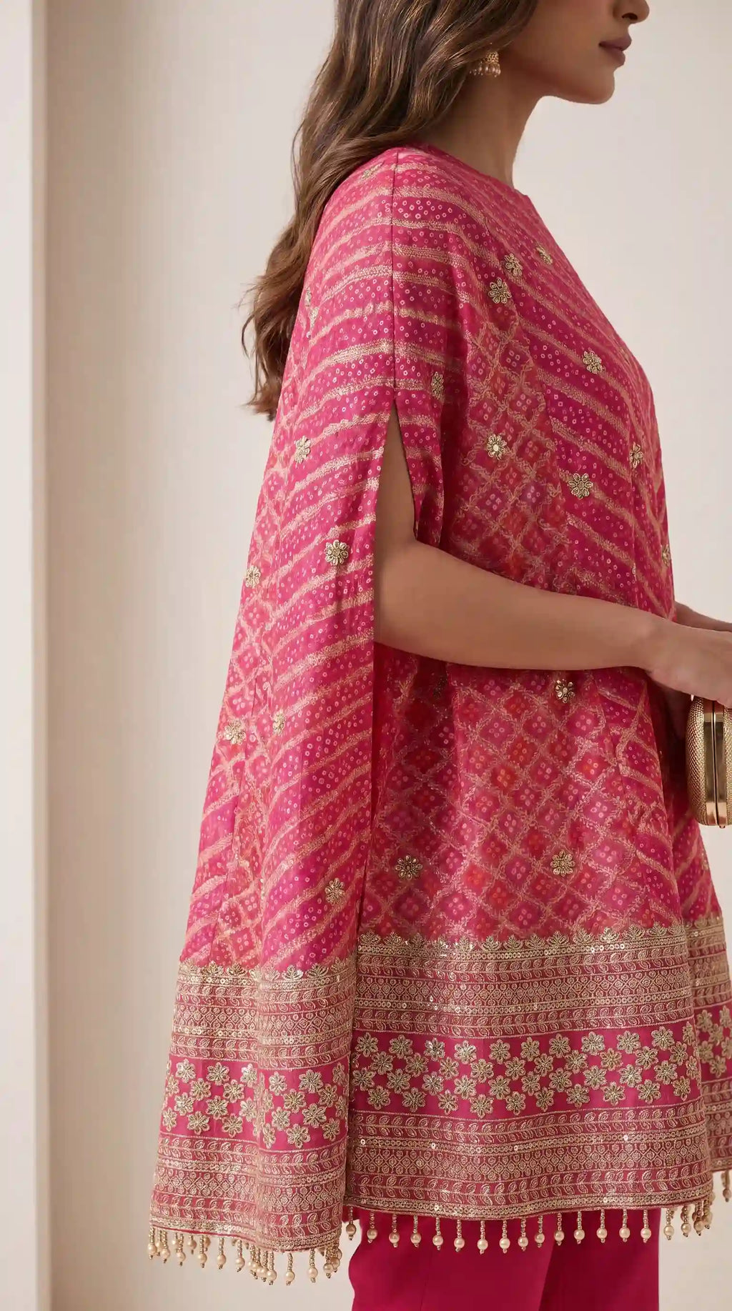 RANGIRA — Pink Bandhani Print Cape Top & Modal Silk Pant Set